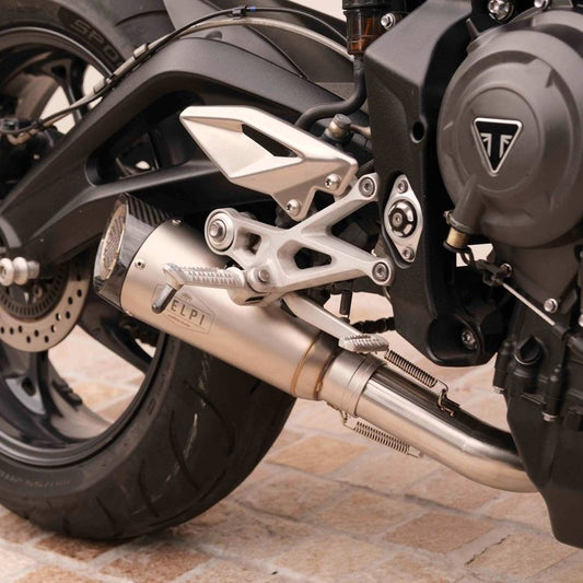 A Triumph Street Triple fitted with a Kelpi Custom Moto Flanker Slip-on Muffler