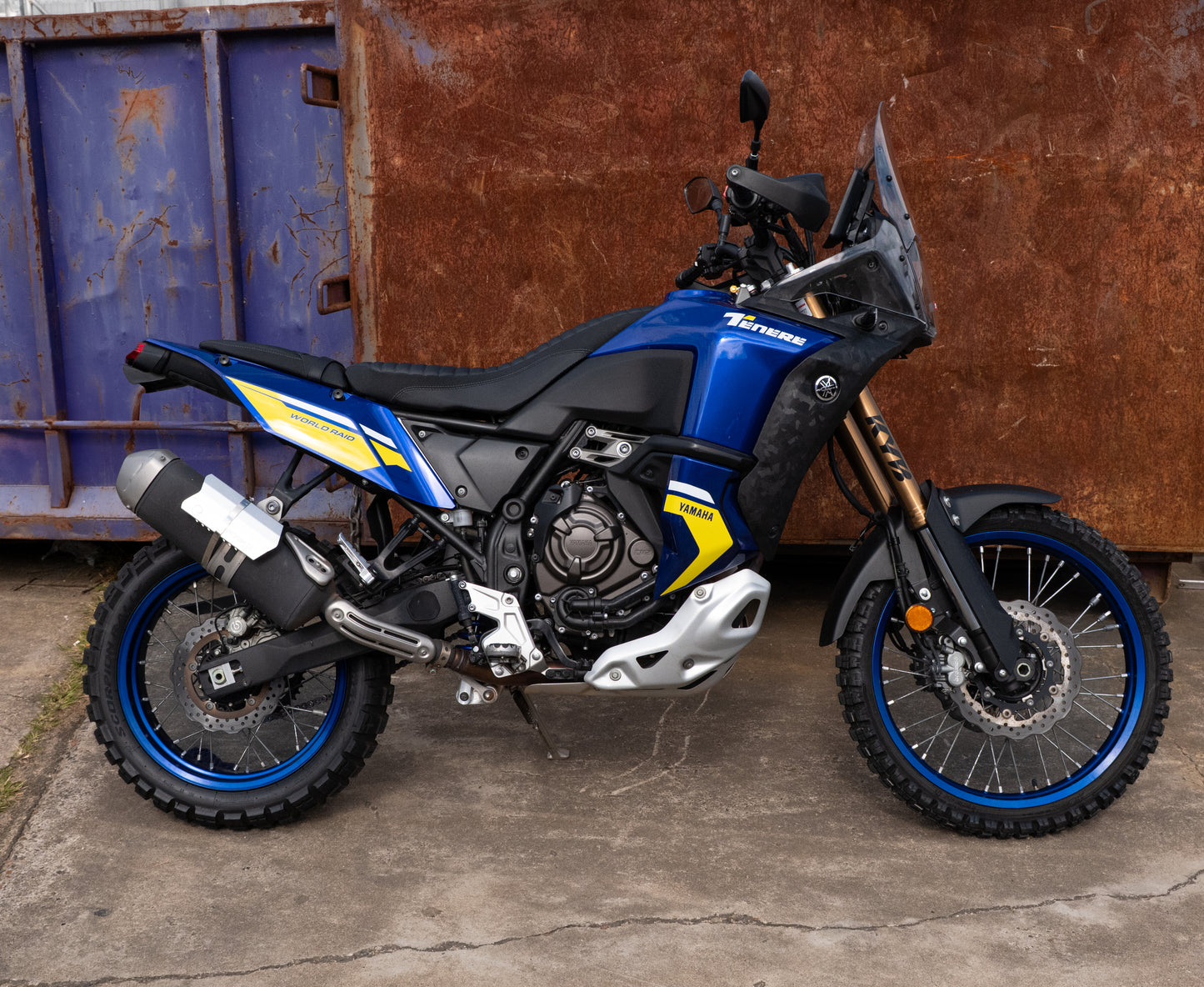 A Yamaha Tenere 700 World Raid Model with a Kelpi Custom Moto reshaped seat and trim