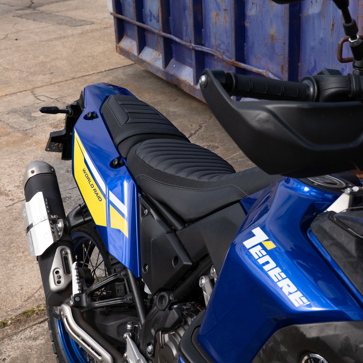 A Yamaha Tenere 700 World Raid Model with a Kelpi Custom Moto reshaped seat and trim