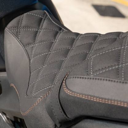 Honda CB650R with a Kelpi Custom Moto seat trim with a matching bronze detail stitch 