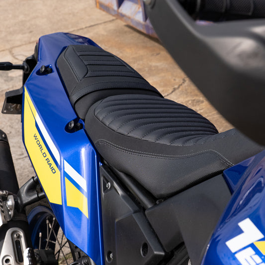 A Yamaha Tenere 700 World Raid Model with a Kelpi Custom Moto reshaped seat and trim
