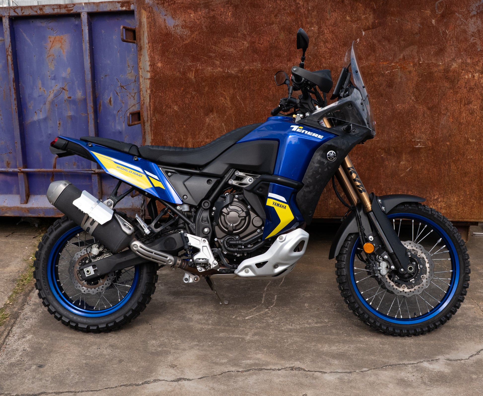 A Yamaha Tenere 700 World Raid Model with a Kelpi Custom Moto reshaped seat and trim