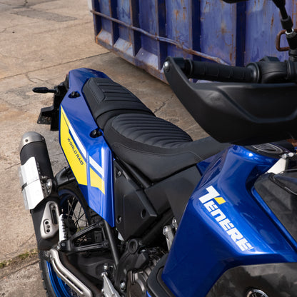 A Yamaha Tenere 700 World Raid Model with a Kelpi Custom Moto reshaped seat and trim
