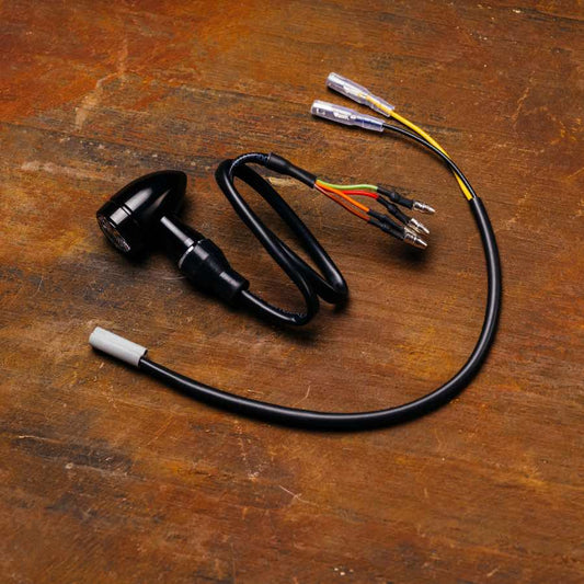 Close up of Kelpi Custom Moto Blindsider 3-into-1 Indicators with Yamaha wiring adaptors